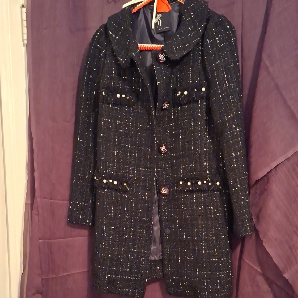 Womens Tweed Pearl-Trim Trench‎ Coat - Navy